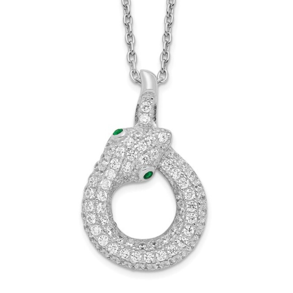 925 Sterling Silver Snake Pendant with CZ stones Micro Pave w 18" Chain & 2" ext
